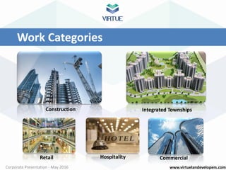 www.virtuelandevelopers.comCorporate Presentation - May 2016
Work Categories
Virtue Land Developers project portfolio cons...