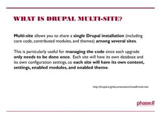 WHAT IS DRUPAL MULTI-SITE?
Multi-site allows you to share a single Drupal installation (including
core code, contributed modules, and themes) among several sites.
This is particularly useful for managing the code since each upgrade
only needs to be done once. Each site will have its own database and
its own configuration settings, so each site will have its own content,
settings, enabled modules, and enabled theme.
http://drupal.org/documentation/install/multi-site
 