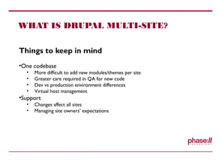 WHAT IS DRUPAL MULTI-SITE?
Things to keep in mind
•One codebase
• More difficult to add new modules/themes per site
• Greater care required in QA for new code
• Dev vs production environment differences
• Virtual host management
•Support
• Changes affect all sites
• Managing site owners’ expectations
 