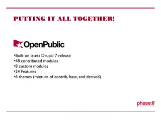 PUTTING IT ALL TOGETHER!
•Built on latest Drupal 7 release
•48 contributed modules
•8 custom modules
•24 Features
•6 themes (mixture of contrib, base, and derived)
 