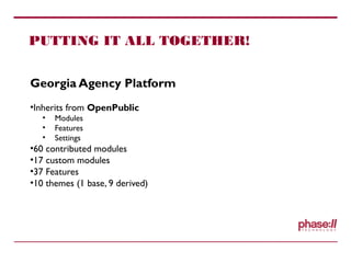 PUTTING IT ALL TOGETHER!
Georgia Agency Platform
•Inherits from OpenPublic
• Modules
• Features
• Settings
•60 contributed modules
•17 custom modules
•37 Features
•10 themes (1 base, 9 derived)
 