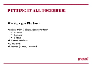 PUTTING IT ALL TOGETHER!
Georgia.gov Platform
•Inherits from Georgia Agency Platform
• Modules
• Features
• Settings
•9 custom modules
•12 Features
•2 themes (1 base, 1 derived)
 