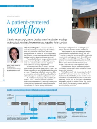 18
The resolve to put the patient’s needs first in
every decision they made regarding the establish-
ment of a new cancer center drove officials at
Quebec’s Centre de Santé et de Services Sociaux de
Laval (csssl) to unite both radiation oncology and
medical oncology departments under mosaiq®.
The new facility, Centre Intégré de Cancérologie
de Laval (cicl), officially opened on February 21,
2012. cicl is Quebec’s first center to implement
mosaiq for both oncology departments.
“When we initiated the cicl project, our first
objective was to define the cancer centre’s vision,” says
Marie-Andrée Fortin, md, Chief Radiation Oncologist
at csssl. “The goal was to facilitate cancer care deliv-
ery around the patient’s needs. We concluded that to
achieve that goal we needed to implement an ois.”
Dr. Fortin and her colleagues dedicated time to
visit u.s. and u.k. medical centers that operated
mosaiq and another vendor’s Oncology Information
System (ois) to evaluate their respective strengths.
According to Dr. Fortin, mosaiq offered more
flexibility to configure the ois according to cicl’s
unique processes than did another vendor’s ois.
“It was important that the ois adapt to our pro-
cesses instead of us adapting to the ois,” she says.
“From our perspective, mosaiq would best meet that
requirement, enabling us to create the workflow we
wanted from referral to follow up. The overriding
goal was to streamline and automate our processes.
This is one of the reasons why the mosaiq iq
Scripts™ functionality was so important to us.”
Throughout the mosaiq implementation pro-
cess, Elekta worked closely with cicl staff to ensure
a successful outcome.
“We had extremely high standards and worked
hard to develop our processes and workflow,” Dr.
Fortin remarks. “We had to get very creative to use
all the mosaiq functionality we could to meet those
standards. To that end, we had a great collaboration
with Elekta and the ro and mo staffs to find ways to
make it work. Elekta’s team was quite flexible in
accommodating our needs.”
MOSAIQ IN CANADA
A patient-centered
workflow
Thanks to mosaiq®, a new Quebec center’s radiation oncology
and medical oncology departments are paperless from day one.
Initial diagnosis/
Doctor referral
CT/MR
image capture
Quality control/
Treatment
preparation
Patient
ﬁxation
Imaging
in situation
Treatment
MOSAIQ® Oncology Information System
Universal database for archived plans
Treatment
planning
Administration
 Billing
Statistics
 Analysis
Image archive
• Notes
• Scheduling
• Documents
• Images
Elekta’s software solutions are vendor neutral,
meaning that clinics using equipment from another
vendor can seamlessly integrate their systems and
databases with Elekta’s open source products.
Treatment planning is
performed either with
an Elekta product (e.g.
Monaco®, XiO®, Focal4D®
or ERGO++™) or with
a software solution
from another vendor.
Internal workﬂow processes at the
clinic are eased by comprehensive
modules for administration and
analysis of patient data and statistics.
Marie-Andrée Fortin, md,
Chief Radiation
Oncologist, Centre Intégré
de Cancérologie de Laval
MOSAIQ ENCOMPASSES THE COMPLETE FLOW OF PATIENT INFORMATION
ONCOLOGY INFORMATION SOFTWARE
 