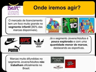 Onde iremos agir?
O mercado de licenciamento
tem um foco muito grande no
segmento infantil (80% das
marcas disponíveis).
Já o segmento Jovens/Adultos é
pouco explorado e com uma
quantidade menor de marcas,
destacando as esportivas.
Marcas muito difundidas no
segmento Jovens/Adultos não
trabalham oficialmente no
Brasil.
 