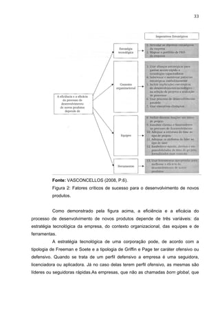 33	
  
Fonte: VASCONCELLOS (2008, P.6).
Figura 2: Fatores críticos de sucesso para o desenvolvimento de novos
produtos.
Como demonstrado pela figura acima, a eficiência e a eficácia do
processo de desenvolvimento de novos produtos depende de três variáveis: da
estratégia tecnológica da empresa, do contexto organizacional, das equipes e de
ferramentas.
A estratégia tecnológica de uma corporação pode, de acordo com a
tipologia de Freeman e Soete e a tipologia de Griffin e Page ter caráter ofensivo ou
defensivo. Quando se trata de um perfil defensivo a empresa é uma seguidora,
licenciadora ou aplicadora. Já no caso delas terem perfil ofensivo, as mesmas são
líderes ou seguidoras rápidas.As empresas, que não as chamadas born global, que
 