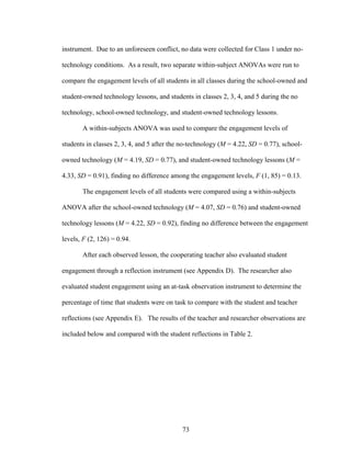 73
instrument. Due to an unforeseen conflict, no data were collected for Class 1 under no-
technology conditions. As a result, two separate within-subject ANOVAs were run to
compare the engagement levels of all students in all classes during the school-owned and
student-owned technology lessons, and students in classes 2, 3, 4, and 5 during the no
technology, school-owned technology, and student-owned technology lessons.
A within-subjects ANOVA was used to compare the engagement levels of
students in classes 2, 3, 4, and 5 after the no-technology (M = 4.22, SD = 0.77), school-
owned technology (M = 4.19, SD = 0.77), and student-owned technology lessons (M =
4.33, SD = 0.91), finding no difference among the engagement levels, F (1, 85) = 0.13.
The engagement levels of all students were compared using a within-subjects
ANOVA after the school-owned technology (M = 4.07, SD = 0.76) and student-owned
technology lessons (M = 4.22, SD = 0.92), finding no difference between the engagement
levels, F (2, 126) = 0.94.
After each observed lesson, the cooperating teacher also evaluated student
engagement through a reflection instrument (see Appendix D). The researcher also
evaluated student engagement using an at-task observation instrument to determine the
percentage of time that students were on task to compare with the student and teacher
reflections (see Appendix E). The results of the teacher and researcher observations are
included below and compared with the student reflections in Table 2.
 