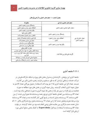 ‫تامين‬ ‫زنجيره‬ ‫مديريت‬ ‫در‬ ‫اطالعات‬ ‫فناوری‬ ‫کاربرد‬ ‫سازی‬ ‫بهينه‬
‫جد‬‫ول‬‫شماره‬1:‫معيارهاي‬‫اصلي‬‫و‬‫فرعي‬‫پژوهش‬
‫متغيرها‬ ‫فرعي‬ ‫و‬ ‫اصلي‬ ‫معيارهاي‬
‫تامين‬ ‫زنجيره‬ ‫بودن‬ ‫پاسخگو‬
‫تامين‬ ‫زنجيره‬ ‫اصلي‬ ‫هاي‬ ‫معيار‬‫تامين‬ ‫زنجيره‬ ‫بودن‬ ‫پذير‬ ‫انعطاف‬
‫تامين‬ ‫زنجيره‬ ‫بودن‬ ‫يكپارچه‬
‫هها‬ ‫هزين‬ ‫كاهش‬
‫تامين‬ ‫زنجيره‬ ‫بودن‬ ‫پاسخگو‬
‫فرعي‬ ‫هاي‬ ‫معيار‬
‫تامين‬ ‫زنجيره‬
‫كاهش‬‫محصوالت‬ ‫تحويل‬ ‫زمان‬
‫جديد‬ ‫محصوالت‬ ‫توليد‬ ‫و‬ ‫طراحي‬ ‫زنجيره‬ ‫بودن‬ ‫پذير‬ ‫انعطاف‬
‫تامين‬‫محصوالت‬ ‫سازي‬ ‫سفارشي‬
‫سازمان‬ ‫درون‬ ‫يكپارچگي‬
‫تامين‬ ‫زنجيره‬ ‫بودن‬ ‫يكپارچه‬
‫سازماني‬ ‫برون‬ ‫يكپارچگي‬
‫الكترونيكي‬ ‫تجارت‬
‫اطالعات‬ ‫فناوري‬ ‫هاي‬ ‫گزينه‬
‫شركاي‬ ‫با‬ ‫هها‬ ‫داد‬ ‫الكترونيكي‬ ‫مبادله‬‫تجاري‬
‫نرم‬ ‫و‬ ‫افزاري‬ ‫سخت‬ ‫هاي‬ ‫زيرساخت‬ ‫وجود‬
‫افزاري‬
‫زمينه‬ ‫در‬ ‫ديده‬ ‫آموزش‬ ‫انساني‬ ‫منابع‬IT
‫سازماني‬ ‫فرهنگ‬ ‫و‬ ‫ارشد‬ ‫مدير‬ ‫حمايت‬
5-9-9‫جامعه‬‫آماری‬
‫جامعه‬‫آماري‬‫اين‬‫پژوهش‬،‫كارشناسان‬‫و‬‫مديران‬‫بخش‬‫هاي‬‫شبكه‬ ‫و‬ ‫پروژه‬،‫در‬ ‫تداركات،فروش‬
‫شركت‬‫كه‬ ‫ايرانسل‬ ‫ارتباطي‬ ‫خدمات‬‫به‬‫طور‬‫مستقيم‬‫بر‬‫فرايند‬‫زنجيره‬‫تامين‬‫تاثير‬‫مي‬،‫گذارند‬
‫هستند‬.‫تعداد‬‫كل‬‫اين‬‫جامعه‬‫آماري‬115‫نفر‬‫بوده‬‫كه‬‫با‬‫استفاده‬‫از‬‫جدول‬،‫مورگان‬‫تعداد‬86‫نفر‬‫به‬
‫عنوان‬‫نمونه‬‫آماري‬‫انتخاب‬‫گرديدند‬.‫روش‬‫نمونه‬‫گيري‬‫در‬‫بخش‬‫هاي‬‫مورد‬‫مطالعه‬‫به‬‫صورت‬
‫هدفمند‬‫و‬‫براي‬‫افراد‬‫در‬‫درون‬‫هر‬‫يك‬‫از‬‫بخش‬،‫ها‬‫نمونه‬‫گيري‬‫به‬‫صورت‬‫تصادفي‬‫ساده‬‫بوده‬‫است‬.
‫تعداد‬86‫پرسشنامه‬‫بين‬‫اعضاي‬‫جامعه‬‫آماري‬‫توزيع‬‫و‬‫همه‬‫پرسشنامه‬‫ها‬‫جمع‬‫آوري‬‫شدند‬.‫از‬‫بين‬
86،‫پرسشنامه‬13‫پرسشنامه‬‫بدليل‬‫اشتباه‬‫در‬‫پاسخ‬‫گويي‬‫كنار‬‫گذاشته‬‫شده‬‫و‬‫تعداد‬73‫پرسشنامه‬
‫وارد‬‫مرحله‬‫تجزيه‬‫وتحليل‬‫شدن‬‫د‬‫كه‬‫از‬‫اين‬،‫تعداد‬17‫پرسشنامه‬‫بدليل‬‫نرخ‬‫ناسازگاري‬‫باالي‬1/1‫كه‬
‫نشان‬‫دهنده‬‫عدم‬‫سازگاري‬‫بين‬‫مقايسه‬‫هاي‬‫زوجي‬‫انجام‬‫شده‬‫بود‬‫نيز‬‫حذف‬‫گرديدند‬.‫در‬‫نهايت‬
‫تعداد‬56‫پرسشنامه‬‫با‬‫استفاده‬‫از‬‫نرم‬‫افزار‬Expert choice‫انساني‬ ‫منابع‬ ‫بخش‬ ‫كمك‬ ‫با‬‫مورد‬
‫ارزيابي‬‫قرار‬‫گرفته‬‫است‬
 