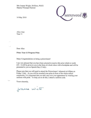 Queenswood School Year 11 Progress Prize