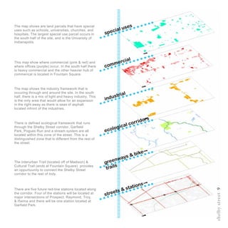 shelbystreet9
streets & stations
greenways & bike
trails
ecological corridors
industrial
commercial
special uses
There are five future red-line stations located along
the corridor. Four of the stations will be located at
major intersections of Prospect, Raymond, Troy,
& Hanna and there will be one station located at
Garfield Park.
The Interurban Trail (located off of Madison) &
Cultural Trail (ends at Fountain Square) provides
an oppurtuunity to connect the Shelby Street
corridor to the rest of Indy.
There is defined ecological framework that runs
through the Shelby Street corridor. Garfield
Park, Pogues Run and a stream system are all
located within this zone of the street. This is a
distinguished zone that is different from the rest of
the street.
The map shows the industry framework that is
occuring through and around the site. In the south
half, there is a mix of light and heavy industry. This
is the only area that would allow for an expansion
in the right away as there is seas of asphalt
located infront of the industries.
This map show where commercial (pink & red) and
where offices (purple) occur. In the south half there
is heavy commercial and the other heavier hub of
commerical is located in Fountain Square.
The map shows are land parcels that have special
uses such as schools, universities, churches, and
hospitals. The largest special use parcel occurs in
the south half of the site, and is the University of
Indianapolis.
 