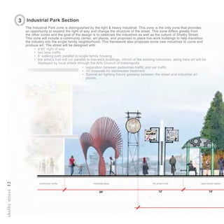 shelbystreet12
industrial plazacommunity center the artist’s trail rapid transit station
15’20’ 12’
The Industrial Park zone is distinguished by the light & heavy industrial. This zone is the only zone that provides
an opportunity to expand the right of way and change the structure of the street. This zone differs greatly from
the other zones and the goal of the design is to celebrate the industries as well as the culture of Shelby Street.
This zone will include a community center, art plazas, and proposed to place live-work buildings to help transition
the industry into the single family neighborhood. This framework also proposes some new industries to come and
produce art. The street will be designed with:
•	 a 60’ right of way
•	 two lane traffic
•	 6’ walking path parallel to single family housing
•	 the artist’s trail will run parallel to live-work buildings, infront of the existing industries. along here art will be
displayed by local artists through the Arts Council of Indianapolis
3 Industrial Park Section
•	 separation between pedestrian traffic and car traffic
•	 10’ bioswale for stormwater treatment
•	 Special art lighting fixture gateway between the street and industrial art
plazas.
 