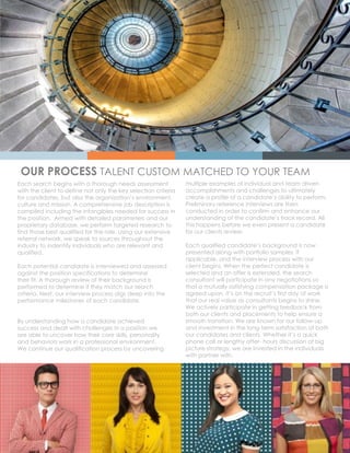 OUR PROCESS TALENT CUSTOM MATCHED TO YOUR TEAM
The quality and depth of our
candidate network is why our
clients choose Interior Talent.
Each search begins with a thorough needs assessment
with the client to define not only the key selection criteria
for candidates, but also the organization’s environment,
culture and mission. A comprehensive job description is
compiled including the intangibles needed for success in
the position. Armed with detailed parameters and our
proprietary database, we perform targeted research to
find those best qualified for the role. Using our extensive
referral network, we speak to sources throughout the
industry to indentify individuals who are relevant and
qualified.
Each potential candidate is interviewed and assessed
against the position specifications to determine
their fit. A thorough review of their background is
performed to determine if they match our search
criteria. Next, our interview process digs deep into the
performance milestones of each candidate.
By understanding how a candidate achieved
success and dealt with challenges in a position we
are able to uncover how their core skills, personality
and behaviors work in a professional environment.
We continue our qualification process by uncovering
multiple examples of individual and team driven
accomplishments and challenges to ultimately
create a profile of a candidate’s ability to perform.
Preliminary reference interviews are then
conducted in order to confirm and enhance our
understanding of the candidate’s track record. All
this happens before we even present a candidate
for our clients review.
Each qualified candidate’s background is now
presented along with portfolio samples, if
applicable, and the interview process with our
client begins. When the perfect candidate is
selected and an offer is extended, the search
consultant will participate in any negotiations so
that a mutually satisfying compensation package is
agreed upon. It’s on the recruit’s first day of work
that our real value as consultants begins to shine.
We actively participate in getting feedback from
both our clients and placements to help ensure a
smooth transition. We are known for our follow-up
and investment in the long-term satisfaction of both
our candidates and clients. Whether it’s a quick
phone call or lengthy after- hours discussion of big
picture strategy, we are invested in the individuals
with partner with.
 