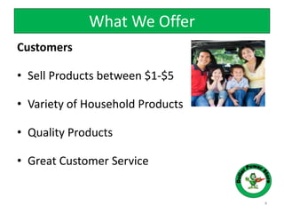 Customers
• Sell Products between $1-$5
• Variety of Household Products
• Quality Products
• Great Customer Service
4
What We Offer
 