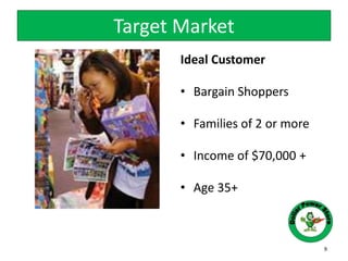 Target Market
Ideal Customer
• Bargain Shoppers
• Families of 2 or more
• Income of $70,000 +
• Age 35+
9
 