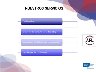 NUESTROS SERVICIOS
Outsourcing
Servicios de consultoria en tecnología
Integración de plataformas tecnológicas
Estrategias de E-Business
 