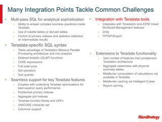 Many Integration Points Tackle Common Challenges
• Integration with Teradata tools
o Integrates with Teradata's core EDW mixed
Workload Management features
o Unity
o TPTAPI/Export
• Multi-pass SQL for analytical sophistication
o Ability to answer complex business questions inside
Teradata
o Use of volatile tables or derived tables
o Control of primary indexes and statistics collection
on intermediate results
• Teradata-specific SQL syntax
o Takes advantage of Teradata's Massive Parallel
Processing architecture and rich analytics
o Ordered Analytic (OLAP) functions
o CASE expressions
o Full outer joins
o Set operators
o Sub queries
• Seamless support for key Teradata features
o Couples with underlying Teradata optimizations for
best superior query performance
o Partitioned primary indexes
o Aggregate join indexes
o Teradata function library and UDFs
o UNICODE character set
o Columnar support
• Extensions to Teradata functionality
o Vast number of features that complement
Teradata's architecture
o Aggregate awareness with physical
summary tables
o Middle-tier computation of calculations not
available in Teradata
o Middle-tier caching via Intelligent Cubes
o Report caching
 