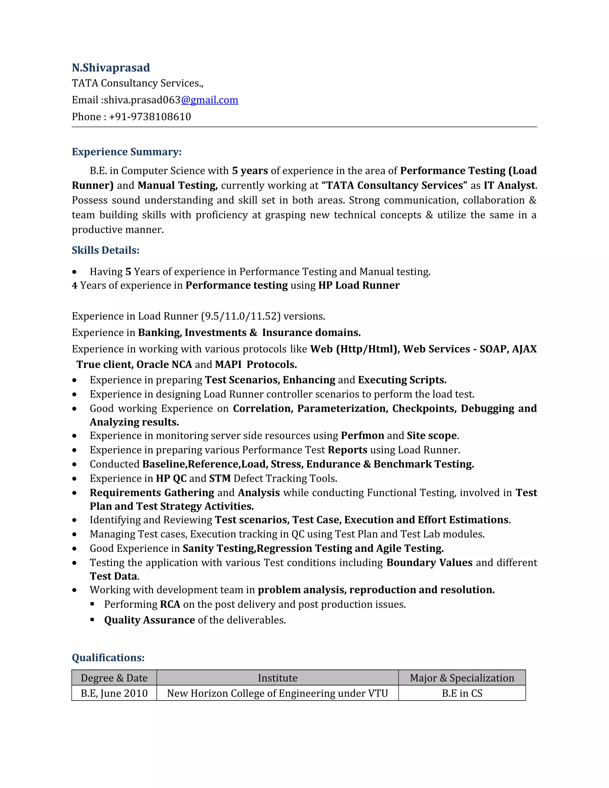 Shivaprasad Resume(Performance Testing) | DOC