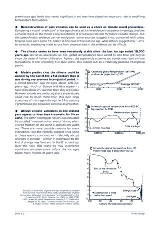 Climate Change
Sources: A) Schematic of global average temperature compiled
from ice-core records from IPCC 1990. B) Schematic of global
temperature estimated from geological records adapted from T.J.
Crowley and G.R. North, Science, Vol. 240, pp. 996-1002,
1988, scaled for global temperature following T.J. Crowley in A.
Berger et. al. (eds.), “Climate and the Geo-Sciences”, pp.
179-207, Kluwer, 1989. Dinosaur by David Catling.
greenhouse gas levels also varied significantly and may have played an important role in amplifying
temperature fluctuations.
K Reconstructions of past climates can be used as a check on climate model projections.
Comparing a model “prediction” of ice-age climate with the evidence from paleoclimatology provides
a crucial check on the model’s representation of processes relevant for future climate change. But
the paleoclimatic evidence can be ambiguous: some sources suggest that, compared with today,
tropical seas were some 5o
C colder at the peak of the last ice age, while others suggest only 1-2o
C.
As a result, separating model errors from uncertainties in the evidence can be difficult.
K The climate seems to have been remarkably stable since the last ice age ended 10,000
years ago. As far as scientists can tell, global temperatures have varied by less than one degree
since the dawn of human civilisation. Against the apparently extreme and sometimes rapid climate
fluctuations of the preceding 100,000 years, this stands out as a relatively peaceful interglacial
period.
K Models predict that the climate could be
warmer by the end of the 21st century than it
was during any previous inter-glacial period. In
a period between two ice ages about 125,000
years ago, much of Europe and Asia appear to
have been about 2o
C warmer than they are today.
However, models are predicting that temperatures
could rise by much more than this over large
stretches of this region during the 21st century
if greenhouse gas emissions continue as projected.
K Abrupt climate variations in the distant
past appear to have been traumatic for life on
earth. The earth’s biological history is punctuated
by so-called “mass extinction events” during which
a large fraction of the world’s species are wiped
out. There are many possible reasons for mass
extinctions, but the records suggest that some
of these events coincided with relatively abrupt
changes in climate – similar in magnitude to the
kind of change now forecast for the 21st century.
Over the next 100 years we may experience
conditions unknown since before the ice ages
began many millions of years ago.
Sheet 8.2
 