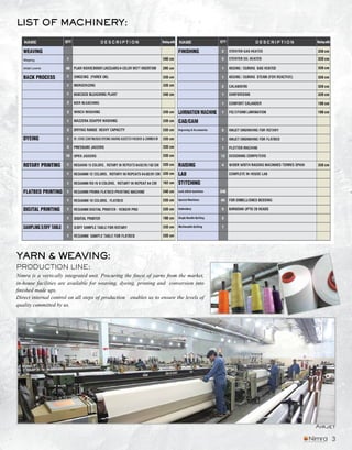 YARN & WEAVING:
LIST OF MACHINERY:
PRODUCTION LINE:
Airjet
Nimra is a vertically integrated unit. Procuring the finest of yarns from the market,
in-house facilities are available for weaving, dyeing, printing and conversion into
finished made ups.
Direct internal control on all steps of production enables us to ensure the levels of
quality committed by us.
3
 