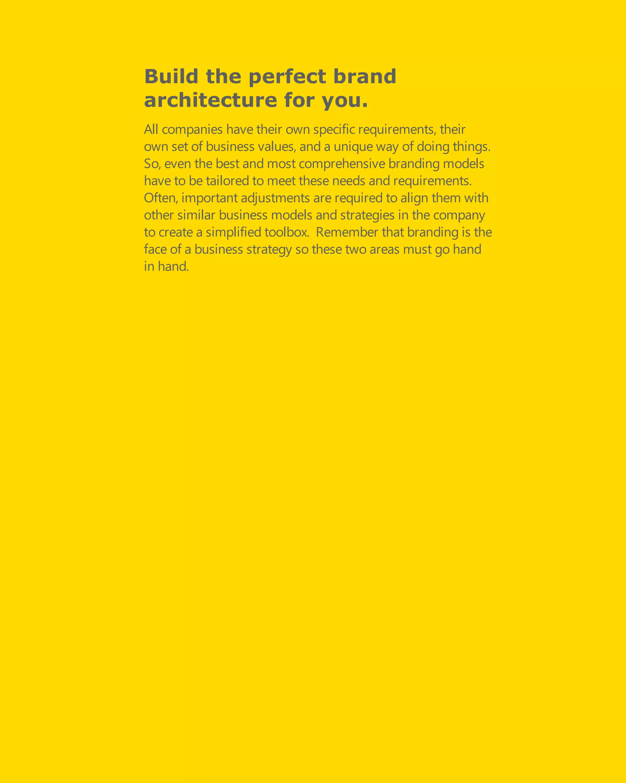 Build the perfect brand
architecture for you.
All companies have their own specific requirements, their
own set of business values, and a unique way of doing things.
So, even the best and most comprehensive branding models
have to be tailored to meet these needs and requirements.
Often, important adjustments are required to align them with
other similar business models and strategies in the company
to create a simplified toolbox.  Remember that branding is the
face of a business strategy so these two areas must go hand
in hand.
 