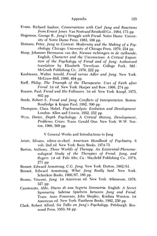 Appendix 125
Evans, Richard Isadore, Conversations with Carl Jung and Reactions
from Ernest Jones. Van Nostrand Reinhold Co., 1964,173 pp.
Hogenson, George B., Jungs Struggle with Freud. Notre Dame: Univer-
sity of Notre Dame Press, 1983, 160 pp.
Homans, Peter, Jung in Context: Modernity and the Making of a Psy-
chology. Chicago: University of Chicago Press, 1979, 234 pp.
Hoop, Johannes Hermanus van der, Nieuwe richtingen in de zielkunde;
English, Character and the Unconscious: A Critical Exposi-
tion of the Psychology of Freud and of Jung. Authorized
translation by Elizabeth Trevelyan. College Park, Md.:
McGrath Publishing Co., 1970, 222 pp.
Kaufmann, Walter Arnold, Freud versus Adler and Jung. New York:
McGraw-Hill, 1980, 494 pp.
Rieff, Philip, The Triumph of the Therapeutic: Uses of Faith after
Freud. 1st ed. New York: Harper and Row, 1966, 274 pp.
Roazen, Paul, Freud and His Followers. 1st ed. New York: Knopf, 1975,
602 pp.
Steele, Robert S., Freud and Jung: Conflicts of Interpretation. Boston:
Routledge & Kegan Paul, 1982, 390 pp.
Thompson, Clara Mabel, Psychoanalysis: Evolution and Development.
London: Allen and Unwin, 1952, 252 pp.
Wyss, Dieter, Depth Psychology: A Critical History, Development,
Problems, Crises. Trans. Gerald Onn. New York: W.W. Nor-
ton, 1966, 568 pp.
V General Works and Introductions to Jung
Arieti, Silvano, editor-in-chief, American Handbook of Psychiatry. 6
vols. 2nd ed. New York: Basic Books, 1974-75.
Barton, Anthony, Three Worlds of Therapy: An Existential-Phenome-
nological Study of the Therapies of Freud, Jung, and
Rogers. 1st ed. Palo Alto, Ca.: Mayfield Publishing Co., 1974,
271 pp.
Bennet, Edward Armstrong, C.G. Jung. New York: Dutton, 1962/61.
Bennet, Edward Armstrong, What Jung Really Said. New York:
Schocken Books, 1966/67, 186 pp.
Brome, Vincent, Jung. 1st American ed. New York: Atheneum, 1978,
327 pp.
Carotenuto, Aldo, Diario di una Segreta Simmetria. English: A Secret
Symmetry: Sabrina Spielrein between Jung and Freud.
Trans. Arno Pomerans, John Shepley, Krishna Winston. 1st
American ed. New York: Pantheon Books, 1982, 250 pp.
Clark, Robert Alfred, Six Talks on Jungs Psychology. Pittsburgh: Box-
wood Press, 1953, 84 pp.
 