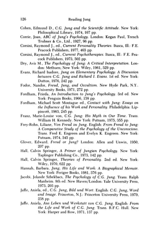 126 Reading Jung
Cohen, Edmund D., C.G. Jung and the Scientific Attitude. New York:
Philosophical Library, 1974, 167 pp.
Corrie, Joan, A B C of Jungs Psychology. London: Kegan Paul, Trench
Trubner & Co., Ltd., 1927, 96 pp.
Corsini, Raymond J., ed., Current Personality Theories. Itasca, 111.: F.E.
Peacock Publishers, 1977, 465 pp.
Corsini, Raymond J., ed., Current Psychotherapies. Itasca, 111.: F.E. Pea-
cock Publishers, 1973, 502 pp.
Dry, Avis M., The Psychology of Jung: A Critical Interpretation. Lon-
don: Methuen; New York: Wiley, 1961, 329 pp.
Evans, Richard Isadore, Jung on Elementary Psychology: A Discussion
between C.G. Jung and Richard I. Evans. 1st ed. New York:
Dutton, 1976, 242 pp.
Fodor, Nandor, Freud, Jung, and Occultism. New Hyde Park, N.Y..
University Books, 1971, 272 pp.
Fordham, Frieda, An Introduction to Jungs Psychology. 3rd ed. New
York: Penguin Books, 1966, 158 pp.
Fordham, Michael Scott Montague ed., Contact with Jung: Essays on
the Influence of his Work and Personality. Philadelphia: Lip-
pincott, 1963, 245 pp.
Franz, Marie-Louise von, C.G. Jung: His Myth in Our Time. Trans.
William H. Kennedy. New York: Putnam, 1975, 355 pp.
Frey-Rohn, Liliane, Von Freud zu Jung. English: From Freud to Jung:
A Comparative Study of the Psychology of the Unconscious.
Trans. Fred E. Engreen and Evelyn K. Engreen. New York:
Putnam, 1974, 345 pp.
Glover, Edward, Freud or Jung? London: Allen and Unwin, 1950,
207 pp.
Hall, Calvin Springer, A Primer of Jungian Psychology. New York:
Taplinger Publishing Co., 1973, 142 pp.
Hall, Calvin Springer, Theories of Personality. 2nd ed. New York:
Wiley, 1970, 622 pp.
Hannah, Barbara, Jung, His Life and Work: A Biographical Memoir.
New York: Perigee Books, 1981, 376 pp.
Jacobi, Jolande Szbekbacs, The Psychology of C.G. Jung. Trans. Ralph
Manheim. 8th ed. New Haven/London: Yale University Press,
1973, 203 pp.
Jaffe, Aniela, ed., C.G. Jung, Bild und Wort. English: C.G. Jung, Word
and Image. Princeton, N.J.: Princeton University Press, 1979,
238 pp.
Jaffe, Aniela, Aus Leben und Werkstatt von C.G. Jung. English: From
the Life and Work of C.G. Jung. Trans. R.F.C Hull. New
York: Harper and Row, 1971, 137 pp.
 
