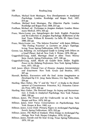 128 Reading Jung
Fordham, Michael Scott Montague, New Developments in Analytical
Psychology. London: Routledge and Kegan Paul, 1957,
214 pp.
Fordham, Michael Scott Montague, The Objective Psyche. London:
Routledge and Kegan Paul, 1958, 214 pp.
Fordham, Michael, ed., Technique in Jungian Analysis. London: Heine-
mann Medical, 1974, 335 pp.
Franz, Marie-Louise von, Spiegelungen der Seele. English: Projection
and Re-Collection in Jungian Psychology: Reflections of the
Soul. Trans. William H. Kennedy. La Salle, 111.: Open Court,
1980, 253 pp.
Franz, Marie-Louise von, "The Inferior Function" with James Hillman,
"The Feeling Function" in Lectures on Jung's Typology.
Irving, Texas: Spring Publications, 1979, 150 pp.
Greene, Liz, Relating: An Astrological Guide to Living with Others on
a Small Planet. 2nd ed. New York: S. Weiser, 1978, 294 pp.
Guggenbuhl-Craig, Adolf, Marriage: Dead or Alive. Trans. Murray
Stein. Zurich: Spring Publications, 1977, 126 pp.
Guggenbuhl-Craig, Adolf, Macht als Gefahr beim Heifer. English:
Power in the Helping Professions. New York: Spring Publica-
tions, 1971, 155 pp.
Hall, James Albert, Clinical Uses of Dreams: Jungian Interpretations
and Enactment. New York: Grune and Stratton, 1977,
367 pp.
Hannah, Barbara, Encounters with the Soul: Active Imagination as
Developed by C.G. Jung. Santa Monica, CA: Sigo Press, 1981,
254 pp.
Harding, Mary Esther, The "I" and the "Not-I": A Study in the Devel-
opment of Consciousness. Princeton, N.J.: Princeton Univer-
sity Press, 1973, 244 pp.
Harding, Mary Esther, The Parental Image: Its Injury and Reconstruc-
tion: A Study in Analytical Psychology. New York: Putnam,
1965, 238 pp.
Hillman, James, The Dream and the Underworld. 1st ed. New York:
Harper and Row, 1979, 243 pp.
Hillman, James, Inter Views: Conversations on Psychotherapy. New
York: Harper & Row, 1982, n.p.
Hillman, James, Loose Ends: Primary Papers in Archetypal Psychology.
Zurich: Spring Publications, 1975, 212 pp.
Hillman, James, The Myth of Analysis: Three Essays in Archetypal Psy-
chology. New York: Harper Colophon, 1978, 313 pp.
Hillman, James, Suicide and the Soul. Irving, Texas: Spring Publications,
1976, 191 pp.
 