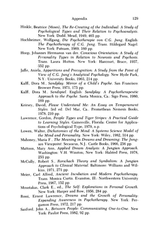 Appendix 129
Hinkle, Beatrice (Moses), The Re-Creating of the Individual: A Study of
Psychological Types and Their Relation to Psychoanalysis.
New York: Dodd, Mead, 1949, 465 pp.
Hochheimer, Wolfgang, Die Psychotherapie von C.G. Jung. English:
The Psychotherapy of C.G. Jung. Trans. Hildegard Nagel.
New York: Putnam, 1969, 160 pp.
Hoop, Johannes Hermanus van der, Conscious Orientation: A Study of
Personality Types in Relation to Neurosis and Psychosis.
Trans. Laura Hutton. New York: Harcourt, Brace, 1937,
352 pp.
Jaffe, Aniela, Apparitions and Precognition: A Study from the Point of
View of C.G. Jungs Analytical Psychology. New Hyde Park,
N.Y.: University Books, 1963, 214 pp.
Kalff, Dora M., Sandplay: Mirror of a Child's Psyche. San Francisco:
Browser Press, 1971, 175 pp.
Kalff, Dora M., Sandspiel. English: Sandplay: A Psychotherapeutic
Approach to the Psyche. Santa Monica, Ca.: Sigo Press, 1980,
169 pp.
Keirsey, David, Please Understand Me: An Essay on Temperament
Styles. 3rd ed. Del Mar, Ca.. Promethean Nemesis Books,
1978, 210 pp.
Lawrence, Gordon, People Types and Tiger Stripes: A Practical Guide
to Learning Styles. Gainesville, Florida: Center for Applica-
tions of Psychological Type, 1979, n.p.
Lowen, Walter, Dichotomies of the Mind: A Systems Science Model of
the Mind and Personality. New York: Wiley, 1982, 314 pp.
Mahoney, Maria F., The Meaning in Dreams and Dreaming: The Jung-
ian Viewpoint. Secaucus, N.J.. Castle Books, 1966, 256 pp.
Mattoon, Mary Ann, Applied Dream Analysis: A Jungian Approach.
Washington: V.H. Winston; New York: Halsted Press, 1978,
253 pp.
McCully, Robert S., Rorschach Theory and Symbolism: A Jungian
Approach to Clinical Material. Baltimore: Williams and Wil-
kins, 1971,271 pp.
Meier, Carl Alfred, Ancient Incubation and Modern Psychotherapy.
Trans. Monica Curtis. Evanston, 111.: Northwestern University
Press, 1967, 152 pp.
Moustakas, Clark E., ed., The Self: Explorations in Personal Growth.
New York: Harper and Row, 1956, 284 pp.
Rossi, Ernest Lawrence, Dreams and the Growth of Personality:
Expanding Awareness in Psychotherapy. New York: Per-
gamon Press, 1972, 217 pp.
Sanford, John A., Between People: Communicating One-to-One. New
York: Paulist Press, 1982, 92 pp.
 