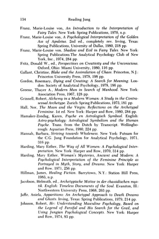 134 Reading Jung
Franz, Marie-Louise von, An Introduction to the Interpretation of
Fairy Tales. New York: Spring Publications, 1970, n.p.
Franz, Marie-Louise von, A Psychological Interpretation of the Golden
Ass of Apuleius. 2nd ed., completely rev. Irving, Texas:
Spring Publications, University of Dallas, 1980, 218 pp.
Franz, Marie-Louise von, Shadow and Evil in Fairy Tales. New York:
Spring Publications.The Analytical Psychology Club of New
York, Inc., 1974, 284 pp.
Fritz, Donald W., ed., Perspectives on Creativity and the Unconscious.
Oxford, Ohio: Miami University, 1980, 116 pp.
Gallant, Christine, Blake and the Assimilation of Chaos. Princeton, N.J.:
Princeton University Press, 1978, 198 pp.
Gordon, Rosemary, Dying and Creating: A Search for Meaning. Lon-
don: Society of Analytical Psychology, 1978, 186 pp.
Greene, Thayer A., Modern M a n in Search of Manhood. New York:
Association Press, 1967, 128 pp.
Grinnell, Robert, Alchemy in a Modern Woman: A Study in the Contra-
sexual Archetype. Zurich: Spring Publications, 1973,181 pp.
Hall, Nor, The Moon and the Virgin: Reflections on the Archetypal
Feminine. 1st ed. New York: Harper and Row, 1980, 284 pp.
Hamaker-Zondag, Karen, Psyche en Astrologisch Symbool. English:
Astro-psychology: Astrological Symbolism and the Human
Psyche. Trans, from the Dutch by Transcript. Wellingbo-
rough: Aquarian Press, 1980, 224 pp.
Hannah, Barbara, Striving towards Wholeness. New York: Putnam for
the C.G. Jung Foundation for Analytical Psychology, 1971,
316 pp.
Harding, Mary Esther, The Way of All Women: A Psychological Inter-
pretation. New York: Harper and Row, 1970, 314 pp.
Harding, Mary Esther, Woman's Mysteries, Ancient and Modern: A
Psychological Interpretation of the Feminine Principle as
Portrayed in Myth, Story, and Dreams. New York: Harper
and Row, 1971,256 pp.
Hillman, James, Healing Fiction. Barrytown, N.Y.: Station Hill Press,
1983, n.p.
Jacobson, Helmuth, ed., Archetypische Motive in der chassidischen mys-
tik. English: Timeless Documents of the Soul. Evanston, 111.:
Northwestern University Press, 1968, 263 pp.
Jaffe, Aniela, Apparitions: An Archetypal Approach to Death Dreams
and Ghosts. Irving, Texas: Spring Publications, 1979, 214 pp.
Johnson, Robert, He: Understanding Masculine Psychology, Based on
the Legend of Parsifal and His Search for the Grail, and
Using Jungian Psychological Concepts. New York: Harper
and Row, 1974, 83 pp.
 