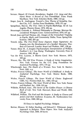 138 Reading Jung
Serrano, Miguel, El Circulo Hermbetico. English: C.G. Jung and Her-
mann Hesse: A Record of Two Friendships. Trans. Frank
MacShane. New York: Schocken Books, 1966, 112 pp.
Singer, June K., Androgyny: Toward a New Theory of Sexuality. Gar-
den City, N.Y.: Anchor Press/Doubleday, 1976, 371 pp.
Spiegelman, Marvin, The Tree: Tales in Psycho-Mythology, 1st ed. Los
Angeles: Phoenix House, 1974, 464 pp.
Steuernagel, Gertrude A., Political Philosophy as Therapy: Marcuse Re-
considered. Westport, Conn.: Greenwood Press, 1979,147 pp.
Stroud, Jean and Gail Thomas, eds., Images of the Untouched: Virginity
in Psyche, Myth, and Community. Dallas, Texas: Spring Pub-
lications, 1982, 201 pp.
Trinick, John, The Fire-Tried Stone (Signum Atque Signatum): An
Enquiry into the Development of a Symbol. Marazion, Wor-
dens of Cornwall, London: Stuart and Watkins, 1967, 138 pp.
Turner, Dixie M., A Jungian Psychoanalytic Interpretation of William
Faulkner's As I Lay Dying. Washington: University Press of
America, 1981, 99 pp.
Van der Post, Laurens, A Mantis Carol. New York: Morrow, 1975,
165 pp.
Weaver, Rix, The Old Wise Woman: A Study of Active Imagination.
New York: Putnam for the C.G. Jung Foundation for
Analytical Psychology, 1973, 176 pp.
Wheelwright, Jane, The Death of a Woman. New York: St. Martin's
Press, 1981, n.p.
Wickes, Frances Gillespy, The Inner World of Childhood: A Study in
Analytical Psychology. New York: Mentor Books, 1966,
304 pp.
Wickes, Frances Gillespy, The Inner World of Choice. Englewood
Cliffs, N.J.: Prentice-Hall, Inc., 1963, 318 pp.
Wickes, Frances Gillespy, The Inner World of Man. New York: Farrar
and Rinehart, Inc., 1938, 313 pp.
Wilhelm, Richard, trans., The Secret of the Golden Flower: A Chinese
Book of Life. New York: Harcourt, Brace and World, 1962,
149 pp.
Willeford, William, The Fool and His Scepter: A Study in Clowns and
Jesters and their Audience. Evanston, 111.: Northwestern Uni-
versity Press, 1969, 265 pp.
IX Essays in Applied Psychology: Religion
Bertine, Eleanor, M. Esther Harding, and Edward C. Whitmont, Jung's
Approach to Religion: Three Papers. New York: Analytical
Psychology Club, 1959, 49 leaves.
 