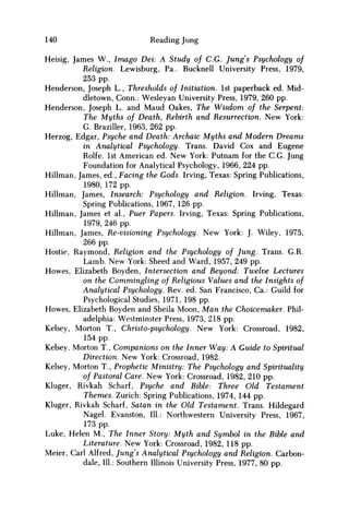 140 Reading Jung
Heisig, James W., Imago Dei: A Study of C.G. Jung's Psychology of
Religion. Lewisburg, Pa.. Bucknell University Press, 1979,
253 pp.
Henderson, Joseph L., Thresholds of Initiation. 1st paperback ed. Mid-
dletown, Conn.: Wesleyan University Press, 1979, 260 pp.
Henderson, Joseph L. and Maud Oakes, The Wisdom of the Serpent:
The Myths of Death, Rebirth and Resurrection. New York:
G. Braziller, 1963, 262 pp.
Herzog, Edgar, Psyche and Death: Archaic Myths and Modern Dreams
in Analytical Psychology. Trans. David Cox and Eugene
Rolfe. 1st American ed. New York: Putnam for the C.G. Jung
Foundation for Analytical Psychology, 1966, 224 pp.
Hillman, James, ed., Facing the Gods. Irving, Texas: Spring Publications,
1980, 172 pp.
Hillman, James, Insearch: Psychology and Religion. Irving, Texas:
Spring Publications, 1967, 126 pp.
Hillman, James et al., Puer Papers. Irving, Texas: Spring Publications,
1979, 246 pp.
Hillman, James, Re-visioning Psychology. New York: J. Wiley, 1975,
266 pp.
Hostie, Raymond, Religion and the Psychology of Jung. Trans. G.R.
Lamb. New York: Sheed and Ward, 1957, 249 pp.
Howes, Elizabeth Boyden, Intersection and Beyond: Twelve Lectures
on the Commingling of Religious Values and the Insights of
Analytical Psychology. Rev. ed. San Francisco, Ca.: Guild for
Psychological Studies, 1971, 198 pp.
Howes, Elizabeth Boyden and Sheila Moon, M a n the Choicemaker. Phil-
adelphia: Westminster Press, 1973, 218 pp.
Kelsey, Morton T., Christo-psychology. New York: Crossroad, 1982,
154 pp.
Kelsey, Morton T., Companions on the Inner Way: A Guide to Spiritual
Direction. New York: Crossroad, 1982.
Kelsey, Morton T., Prophetic Ministry: The Psychology and Spirituality
of Pastoral Care. New York: Crossroad, 1982, 210 pp.
Kluger, Rivkah Scharf, Psyche and Bible: Three Old Testament
Themes. Zurich: Spring Publications, 1974, 144 pp.
Kluger, Rivkah Scharf, Satan in the Old Testament. Trans. Hildegard
Nagel. Evanston, 111.: Northwestern University Press, 1967,
173 pp.
Luke, Helen M., The Inner Story: Myth and Symbol in the Bible and
Literature. New York: Crossroad, 1982, 118 pp.
Meier, Carl Alfred, Jung's Analytical Psychology and Religion. Carbon-
dale, 111.: Southern Illinois University Press, 1977, 80 pp.
 