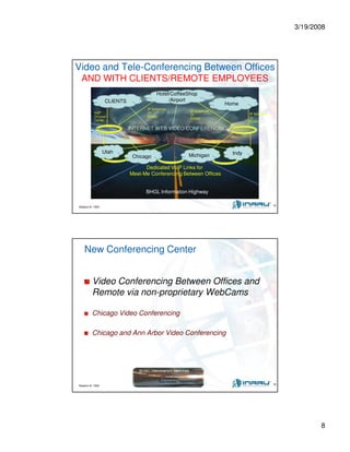 3/19/2008
8
Session #: 1304 15
Video and Tele-Conferencing Between Offices
AND WITH CLIENTS/REMOTE EMPLOYEES
INTERNET WEB VIDEO CONFERENCING
BHGL Information Highway
Utah
Chicago Michigan Indy
Dedicated VoIP Links for
Meet-Me Conferencing Between Offices
CLIENTS
Hotel/CoffeeShop
/Airport
Home
IP Softphone
Or
EC500
IP Softphone
Or
EC500
IP Softphone
Or
EC500
VoIP
Or Local
Carrier
Session #: 1304 16
New Conferencing Center
Video Conferencing Between Offices and
Remote via non-proprietary WebCams
Chicago Video Conferencing
Chicago and Ann Arbor Video Conferencing
 