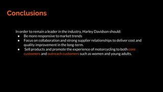 Conclusions
In order to remain a leader in the industry, Harley Davidson should:
● Be more responsive to market trends
● Focus on collaboration and strong supplier relationships to deliver cost and
quality improvement in the long-term.
● Sell products and promote the experience of motorcycling to both core
customers and outreach customers such as women and young adults.
 