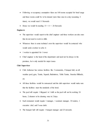 31
 Following or occupancy assumption there are 168 rooms occupied for hotel usage
and these rooms could be to be cleaned more than once in a day (assuming 2
times), we would need 11 Stewards
 Hence we would be needing 15 + 11 = 26 Stewards
Engineers
 The supervisor would report to the chief engineer and these workers are also ones
that do not need to work in shifts
 Whenever there is some technical error the supervisor would be contacted who
would send a worker to solve it
 1 worker is appointed for 1 tower
 Chief engineer is the head of the department and need not be always in the
premises, he is only needed for major issues
Club Supervisor
 Club Ambarsar has various facilities like 3 restaurants, I banquet hall, an all-
weather pool, gym, Tennis, Squash, Badminton, Table Tennis, Snooker Billiards,
etc
 All these facilities would be outsourced and the club supervisor would make sure
that the facilities meet the standards of the hotel.
 The pool will require 1 lifeguard in 1 shift as the pool will not be working 24
hours, 2 cleaners to be cleaning once in 2 days.
 Each restaurant would require 1 manager, 1 assistant manager, 10 waiters, 1
executive chef, and 5 sous chefs.
 The banquet hall will require 1 banquet manager and 25 stewards.
 