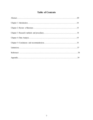 7
Table of Contents
Abstract………………………………………………………………………………………09
Chapter 1: Introduction………………………………………………………………………10
Chapter 2: Review of literature………………………………………………………………15
Chapter 3: Research methods and procedures…….…………………………………………18
Chapter 4: Data Analysis…….………………………………………………………………19
Chapter 5: Conclusions and recommendations………………………………………………35
Limitations……………………………………………………………………………………37
References ……………………………………………………………………………………38
Appendix...……………………………………………………………………………………39
 