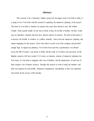 9
Abstract
This research is for a Timeshare holiday project for the largest hotel to be built in India. It
is going to be a 5 star hotel and this research is regarding the manpower planning of the project.
This hotel is to be built in Amritsar for people who come from abroad to visit The Golden
Temple. These people usually do not stay in hotels as they do not find it feasible, but they would
stay in a timeshare property that they have already paid for in advance. The goal of the project is
to increase the footfall in Amritsar to 1 million annually. I have done the manpower planning and
annual budgeting for this project. I have been able to cut the cost of the company and provided
enough logic to support my planning. No tool has been used but a questionnaire was floated
across the HR of various 5 star hotels in Delhi and the result of 3 of them were procured. As the
flagship property will have around 1113 rooms, an immense amount of manpower planning has
to be done. A 5 star hotel is equipped with a lot of facilities and the maintenance of each one of
them requires a lot of human resource. Through this project we want to study the numbers and
skill sets required for each profile. Manpower management and planning is thus very important
and crucial for the success of the premise.
 