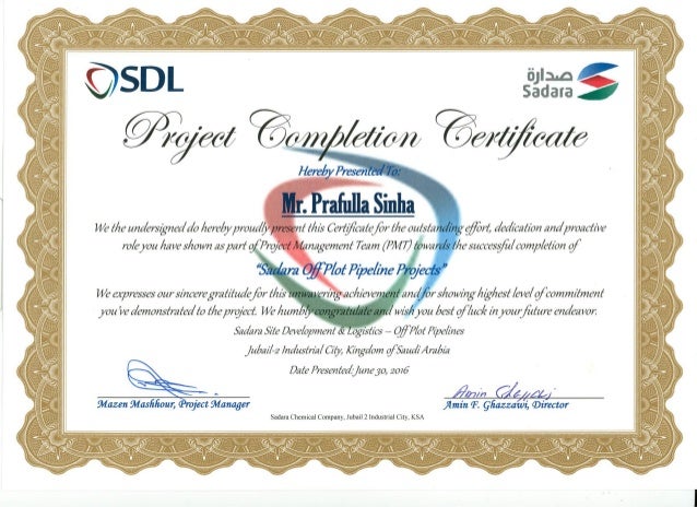 a project completion certificate prafulla sinha certificate for completion of project