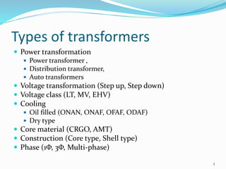 Types of transformers
 Power transformation
 Power transformer ,
 Distribution transformer,
 Auto transformers
 Voltage transformation (Step up, Step down)
 Voltage class (LT, MV, EHV)
 Cooling
 Oil filled (ONAN, ONAF, OFAF, ODAF)
 Dry type
 Core material (CRGO, AMT)
 Construction (Core type, Shell type)
 Phase (1Φ, 3Φ, Multi-phase)
3
 