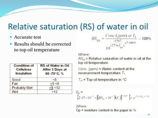 Relative saturation (RS) of water in oil
 Accurate test
 Results should be corrected
to top oil temperature
36
 