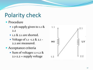 Polarity check
 Procedure
 1-ph supply given to 1.1 &
2.2
 1.2 & 2.1 are shorted.
 Voltage of 1.1 -1.2 & 2.1 -
2.2 are measured.
 Acceptance criteria
 Sum of voltages 1.1-1.2 &
2.1-2.2 = supply voltage
40
 