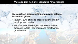 Metropolitan areas continue to power national
economic growth
• In 2014, 60% of metro areas outperformed in
employment creation
• 1/3 of world’s 300 largest metro economies
outpaced in GDP per capita and employment
growth rates
Metropolitan Regions: Economic Powerhouses
 