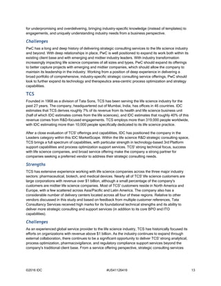 ©2016 IDC #US41126416 13
for underpromising and overdelivering, bringing industry-specific knowledge (instead of templates) to
engagements, and uniquely understanding industry needs from a business perspective.
Challenges
PwC has a long and deep history of delivering strategic consulting services to the life science industry
and beyond. With deep relationships in place, PwC is well positioned to expand its work both within its
existing client base and with emerging and midtier industry leaders. With industry transformation
increasingly impacting life science companies of all sizes and types, PwC should expand its offerings
to better capture projects with emerging and midtier companies, which should allow the company to
maintain its leadership in the industry. Working from a position of deep experience in delivering a
broad portfolio of comprehensive, industry-specific strategic consulting service offerings, PwC should
look to further expand its technology and therapeutics area-centric process optimization and strategy
capabilities.
TCS
Founded in 1968 as a division of Tata Sons, TCS has been serving the life science industry for the
past 27 years. The company, headquartered out of Mumbai, India, has offices in 46 countries. IDC
estimates that TCS derives roughly 7% of its revenue from its health and life science business unit
(half of which IDC estimates comes from the life sciences), and IDC estimates that roughly 40% of this
revenue comes from R&D-focused engagements. TCS employs more than 319,000 people worldwide,
with IDC estimating more than 10,000 people specifically dedicated to its life science practice.
After a close evaluation of TCS' offerings and capabilities, IDC has positioned the company in the
Leaders category within this IDC MarketScape. Within the life science R&D strategic consulting space,
TCS brings a full spectrum of capabilities, with particular strength in technology-based 3rd Platform
support capabilities and process optimization support services. TCS' strong technical focus, success
with life science companies, and broad service offering make the company a strong partner for
companies seeking a preferred vendor to address their strategic consulting needs.
Strengths
TCS has extensive experience working with life science companies across the three major industry
sectors: pharmaceutical, biotech, and medical devices. Nearly all of TCS' life science customers are
large corporations with revenue over $1 billion, although a small percentage of the company's
customers are midtier life science companies. Most of TCS' customers reside in North America and
Europe, with a few scattered across Asia/Pacific and Latin America. The company also has a
considerable number of delivery centers located across all four of these regions. Relative to other
vendors discussed in this study and based on feedback from multiple customer references, Tata
Consultancy Services received high marks for its foundational technical strengths and its ability to
deliver more strategic consulting and support services (in addition to its core BPO and ITO
capabilities).
Challenges
As an experienced global service provider to the life science industry, TCS has historically focused its
efforts on organizations with revenue above $1 billion. As the industry continues to expand through
external collaboration, there continues to be a significant opportunity to deliver TCS' strong analytical,
process optimization, pharmacovigilance, and regulatory compliance support services beyond the
company's traditional client base. From a service offering perspective, strategic consulting services
 