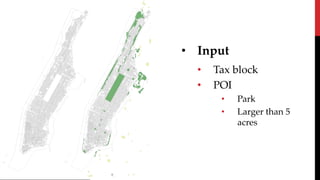 • Input
• Tax block
• POI
• Park
• Larger than 5
acres
 