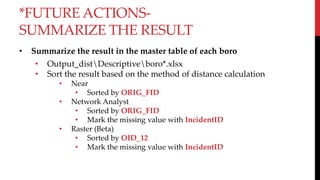 *FUTURE ACTIONS-
SUMMARIZE THE RESULT
• Summarize the result in the master table of each boro
• Output_distDescriptiveboro*.xlsx
• Sort the result based on the method of distance calculation
• Near
• Sorted by ORIG_FID
• Network Analyst
• Sorted by ORIG_FID
• Mark the missing value with IncidentID
• Raster (Beta)
• Sorted by OID_12
• Mark the missing value with IncidentID
 