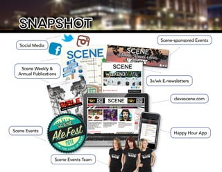 snapshot
Scene Weekly &
Annual Publications
Social Media
Scene Events
Scene Events Team
Scene-sponsored Events
clevescene.com
Happy Hour App
3x/wk E-newsletters
Scene Events
 