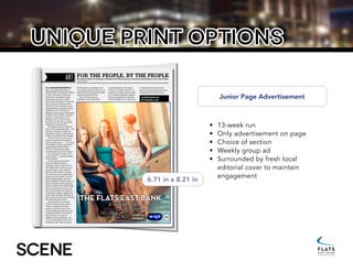 unique print options
In 21 IncarnatIons sInce It
began as a populist experiment at
Cleveland State University’s Art Gallery
in 1983, the People’s Art Show has
become one of the region’s largest,
most eclectic exhibitions. Always
unjuried and uncensored, it is free and
open to anyone and everyone. With
(almost) no rules, artists have earned
national attention in the past for their
outlandish works. Will this year’s
exhibition bring outrage? Controversy?
Probably. At the very least, it usually
manages to upset someone. This
Thursday, Oct. 30, from 5 to 8 p.m.,
the Galleries at CSU host an opening
reception for this year’s show.
The People’s Art Show originated
based on two fundamental ideas — that
everyone is naturally an artist and
that people intuitively understand art
without any assistance from “experts.”
“The show was conceived to serve
ordinary people free from snobbery,
elitism, and pretension — no curators,
no professionals, and no taste police,”
explains gallery director Robert
Thurmer. “The people themselves
would determine what is in the show
— every participant an artist, every
artist a curator — no questions asked,
nothing refused.”
Over the years, this open-door
policy has inspired some very
interesting works, as well as a New
York Times article in 1992, and even
earned Thurmer a phone call from
radio host Howard Stern to discuss
the controversy on air. Despite heavy
pressure from the outside, as well as
from the administration, Thurmer
loyally defended the artists’ freedom to
express themselves. Some exceptions
have been made however. Most notably,
the show has become a biennial, and
some rules have been put in place for
works that are illegal or dangerous to
visitors. Still, the gallery staff does its
best to include everyone and everything
that walks through the doors.
This year’s show is the second
People’s Art Show since the gallery
moved to its beautiful, new(-ish)
location in the former home of the
Cowell & Hubbard jewelry story next
to Playhouse Square in downtown’s
Theater District. As usual, the
exhibition is hung salon-style, with
works covering nearly every inch of
the gallery’s walls. The entries span
the full spectrum of traditional and
non-traditional media in both two- and
three-dimensions by artists of all ages,
backgrounds and skill levels.
Sure, not every entry is a
masterpiece, but the show itself
is worth celebrating. The People’s
Art Show is an opportunity for our
community to unite around art made
by our talented, passionate residents.
It’s the only large-scale, community-
centered exhibition in the region that
is completely free and open to the
public, as both participant and viewer.
Sometimes money can become too
Art By Josh Usmani
For the PeoPle, By the PeoPleCleveland State University’s People’s Art Show gives everyone something to love (and hate)
scene@clevescene.com
t @cleveland_scene
Junior Page Advertisement
The FlaTs easT Bank
A million miles from ordinary.
Just minutes from home.
•	 13-week run
•	 Only advertisement on page
•	 Choice of section
•	 Weekly group ad
•	 Surrounded by fresh local
editorial cover to maintain
engagement
6.71 in x 8.21 in
 