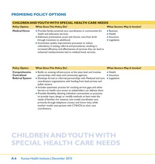 A-6 Kansas Health Institute | December 2010
PROMISING POLICY OPTIONS
CHILDREN ANDYOUTH WITH
SPECIAL HEALTH CARE NEEDS
CHILDREN ANDYOUTH WITH SPECIAL HEALTH CARE NEEDS
Policy Option What DoesThis Policy Do? What Sectors May It Involve?
Medical Home ● Provides family-centered care coordination in communities for
health and education services.
● Addresses preventative, acute and chronic care from birth
through transition to adulthood.
● Incentivizes quality improvement processes to reduce
redundancy in testing, referral and procedures, resulting in
increased efﬁciency and effectiveness of services that can lead to
enhanced reimbursement tied to medical home services.
● Business
● Health
● Insurance
● Legislative
Policy Option What DoesThis Policy Do? What Sectors May It Involve?
Comprehensive
Centralized
Referral System
● Builds on existing infrastructure at the state level and involves
partnerships with state and community agencies.
● Develops formal or informal partnerships with Medicaid and care
coordination organizations with funding from both private and
public sectors.
● Includes systematic process for tracking service gaps and other
barriers to health care access so stakeholders can address them.
● Provides ﬂexibility allowing individual communities or practices
to provide input, design or modify methods to best meet the
needs of families. For instance, one model coordinates care
primarily through telephone contact and home visits, while
another model uses parents with CYSHCN as clinic care
coordinators.
● Health
● Insurance
● Legislative
 