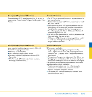Children’s Health in All Policies A-13
Examples of Programs and Practices Potential Outcomes
Refundable state EITCs range between 10 to 30 percent in
states such as Massachusetts, Michigan, New Jersey and New
Mexico.
● The EITC is the largest cash assistance program targeted at
low-income families.
● Nationwide last year, over 24 million people received nearly
$50 billion in EITC.
● Participation rate in the EITC program is higher than the
participation rate for either the Temporary Assistance to
Needy Families program or the food stamps program.
● Five million people, half of them children, are lifted out of
poverty each year due to EITC.
● The ratio of cost of administering the EITC program to the
claims paid is less than one percent.
● Without the EITC, the poverty rate among children would
be nearly one-third higher, according to the Center on
Budget and Policy Priorities.
Examples of Programs and Practices Potential Outcomes
Large-scale individual development account (IDA) and
ﬁnancial literacy programs include:
● Missouri’s I Can Save (ICS)
● The Community Action Project of Tulsa
● Michigan’s Individual Development Account (IDA)
Partnership
● The Mid-South IDA Initiative (Arkansas, Louisiana,
Mississippi, Southeast Texas)
IDA programs resulted in:
● Sixty-two percent of program participants said they
saved a regular amount during IDA program participation,
compared with 11 percent saving a regular amount before
participation.
● Four percent of program participants said they did not save
during program participation, while 42 percent of program
participants said they did not save at all before the program.
IDA and ﬁnancial literacy programs that speciﬁcally targeted
asset-building for children resulted in:
● Participants accumulated over $1.6 million through a
combination of initial deposits, benchmark incentive
deposits, participant savings and matches.
● On average, each child has about $1,318 “seeded” as an
investment for the future.
 