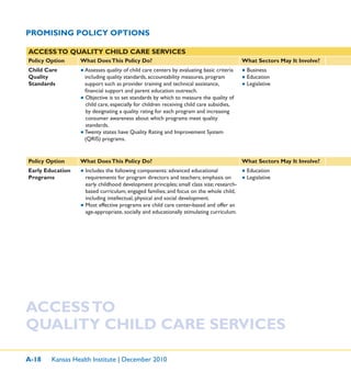 A-18 Kansas Health Institute | December 2010
ACCESSTO QUALITY CHILD CARE SERVICES
Policy Option What DoesThis Policy Do? What Sectors May It Involve?
Child Care
Quality
Standards
● Assesses quality of child care centers by evaluating basic criteria
including quality standards, accountability measures, program
support such as provider training and technical assistance,
ﬁnancial support and parent education outreach.
● Objective is to set standards by which to measure the quality of
child care, especially for children receiving child care subsidies,
by designating a quality rating for each program and increasing
consumer awareness about which programs meet quality
standards.
● Twenty states have Quality Rating and Improvement System
(QRIS) programs.
● Business
● Education
● Legislative
Policy Option What DoesThis Policy Do? What Sectors May It Involve?
Early Education
Programs
● Includes the following components: advanced educational
requirements for program directors and teachers; emphasis on
early childhood development principles; small class size; research-
based curriculum; engaged families; and focus on the whole child,
including intellectual, physical and social development.
● Most effective programs are child care center-based and offer an
age-appropriate, socially and educationally stimulating curriculum.
● Education
● Legislative
ACCESSTO
QUALITY CHILD CARE SERVICES
PROMISING POLICY OPTIONS
 