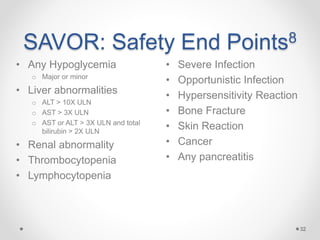 SAVOR: Safety End Points8
• Severe Infection
• Opportunistic Infection
• Hypersensitivity Reaction
• Bone Fracture
• Skin Reaction
• Cancer
• Any pancreatitis
32
• Any Hypoglycemia
o Major or minor
• Liver abnormalities
o ALT > 10X ULN
o AST > 3X ULN
o AST or ALT > 3X ULN and total
bilirubin > 2X ULN
• Renal abnormality
• Thrombocytopenia
• Lymphocytopenia
 