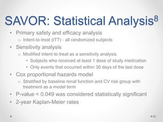 SAVOR: Statistical Analysis8
• Primary safety and efficacy analysis
o Intent‐to‐treat (ITT) ‐ all randomized subjects
• Sensitivity analysis
o Modified intent‐to‐treat as a sensitivity analysis
• Subjects who received at least 1 dose of study medication
• Only events that occurred within 30 days of the last dose
• Cox proportional hazards model
o Stratified by baseline renal function and CV risk group with
treatment as a model term
• P-value < 0.049 was considered statistically significant
• 2-year Kaplan-Meier rates
33
 
